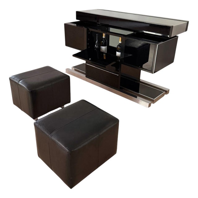 Convertible Bar and Stools in Black Lacquer, Chrome & Leather, Italy, 1970s, Set of 3 For Sale
