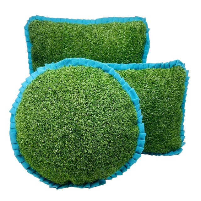 Green The Minted Monkey Turf Pillows - Artificial Turf Outdoor Pillows With Turquoise Ruffle Welting - Large Square For Sale - Image 8 of 10