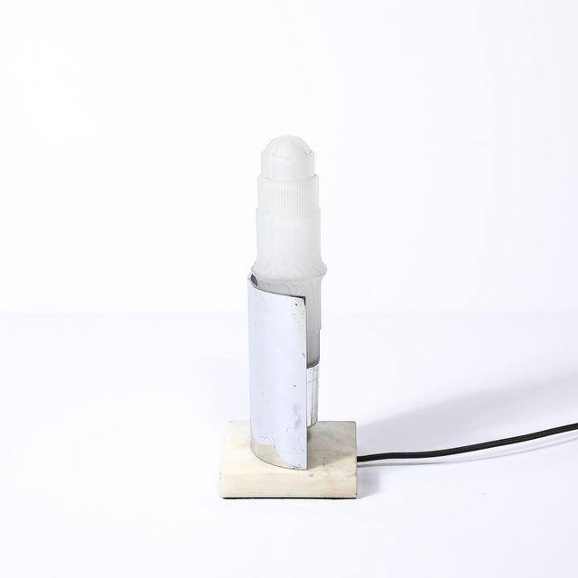 Art Deco Art Deco Table Lamp in Frosted Glass W/ Polished Chrome Diffuser on Marble Base For Sale - Image 3 of 14