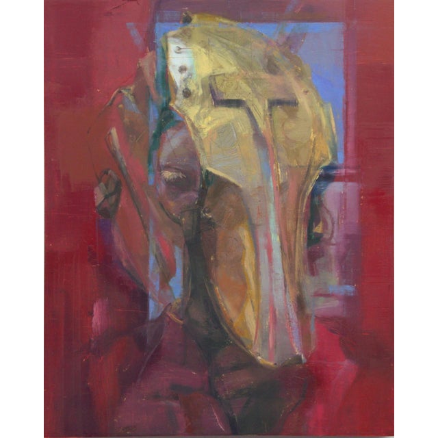 Phantom by Elena Burykina | Oil on panel Portrait of a figure wearing a golden helmet. For Sale