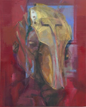 Phantom by Elena Burykina | Oil on panel Portrait of a figure wearing a golden helmet.