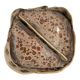 1970s Ceramic Hand Built Large Square Beige Dish / Mid Century Studio Art Pottery Bowl For Sale