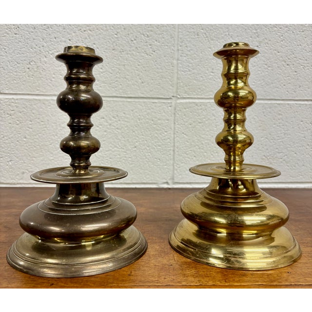 Vintage Solid Brass Candlesticks Candle Holders With Drip Pans - Pair For Sale - Image 4 of 7