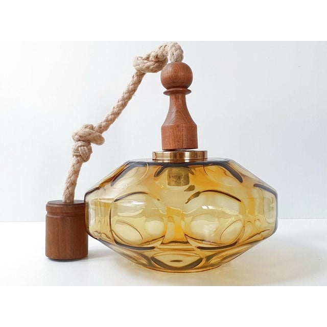 Mid-Century Modern Vintage Rope, Gilt Glass and Teak Pendant Light, 1960s For Sale - Image 3 of 7