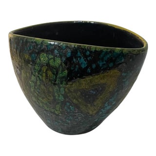 Mid-Century Italian Art Pottery Bowl – Green and Blue Lava Glaze, Signed Italy For Sale