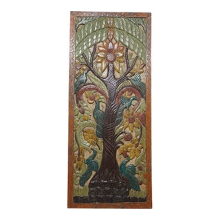 Vintage Hand-Carved Tree of Life Door Panel – Colorful Spiritual Wall Art / Sliding Barn Door 84x36 For Sale