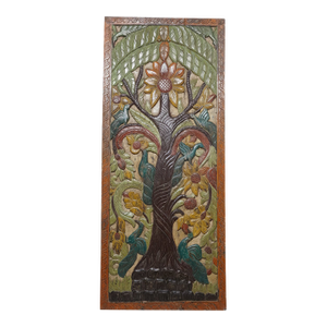 Vintage Hand-Carved Tree of Life Door Panel – Colorful Spiritual Wall Art / Sliding Barn Door 84x36