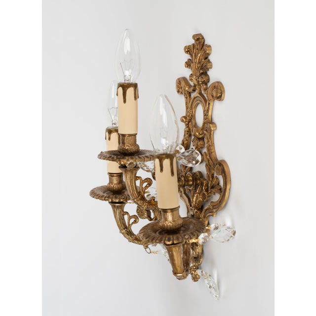 1950s Spanish Rococo Sand-Cast Brass 3-Light Sconces With Crystals - A Pair For Sale - Image 6 of 12