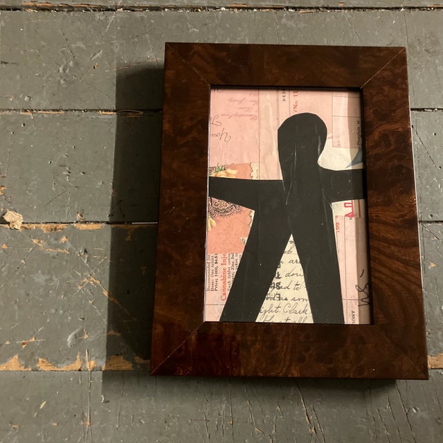 Original 4 x 6 collage done with vintage papers signed bottom right Overall size with tabletop frame is 6 x 8