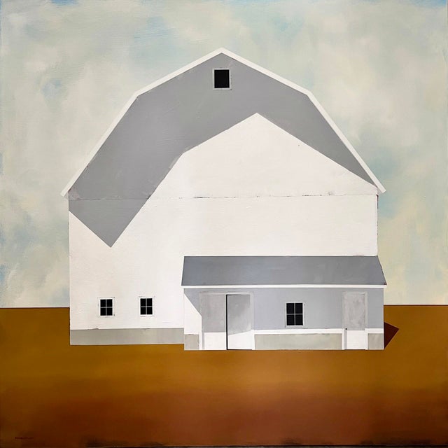 Frontier by Justin Wheatley | Acrylic on Canvas White Barn on Ochre Ground For Sale