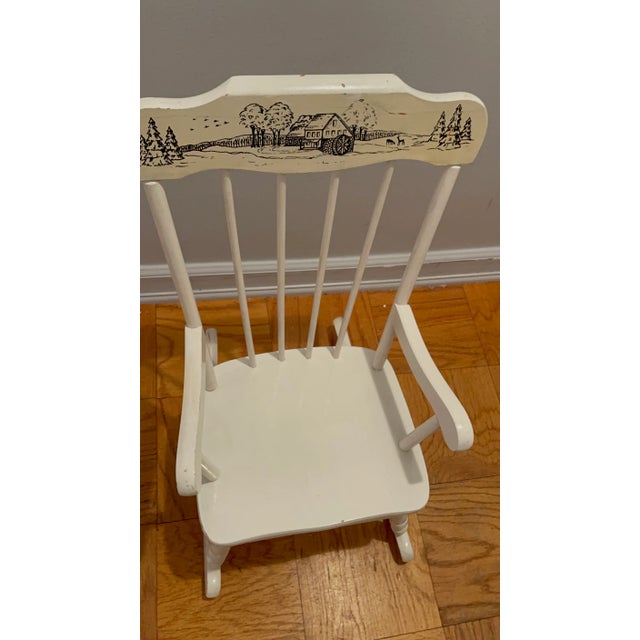Children's 1970s Vintage White Wooden Children’s Nursery Rocking Chair With Black Etching and Music For Sale - Image 3 of 11