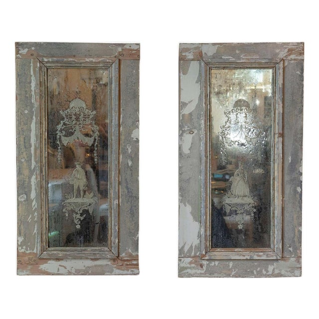 Pair of 19th Century Italian Engraved Mirrors with Original Paint For Sale