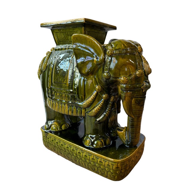 Mid 20th Century Green Glazed Ceramic Elephant Garden Stool / Plant Stand For Sale - Image 11 of 12