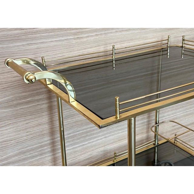 Mid 20th Century Art Deco Brass Dry Bar Cart with Smoked Two Tier Glass For Sale - Image 12 of 18