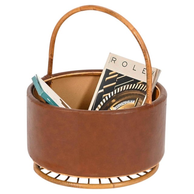 Mid-Century Italian Rattan and Leather Basket, 1970s For Sale - Image 15 of 15