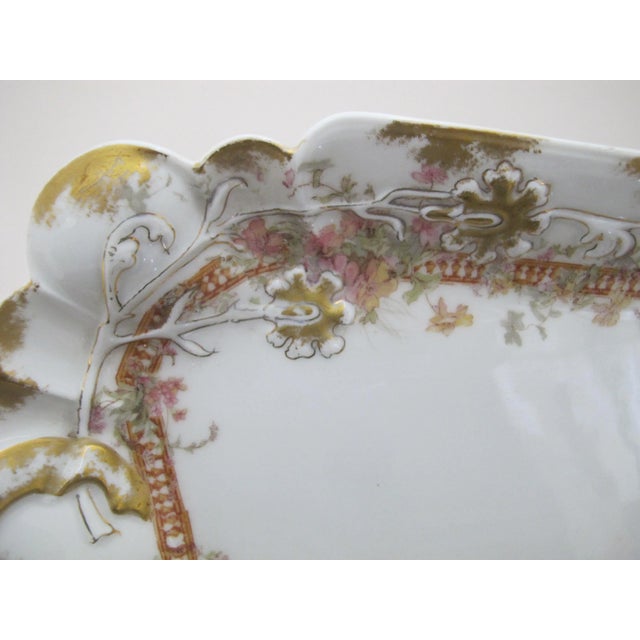 French Haviland Limoges Pink Yellow & Gold Flower 13 1/4" Serving Tray Dish W/Handles For Sale - Image 3 of 6