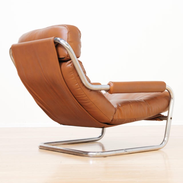 Brown 1970s Post Modern Chrome & Leather Attributed to Jan Des Bouvrie for Gelderland For Sale - Image 8 of 15