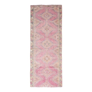 Vintage Turkish Oushak Handmade Wool Cotton Pink Runner Rug For Sale