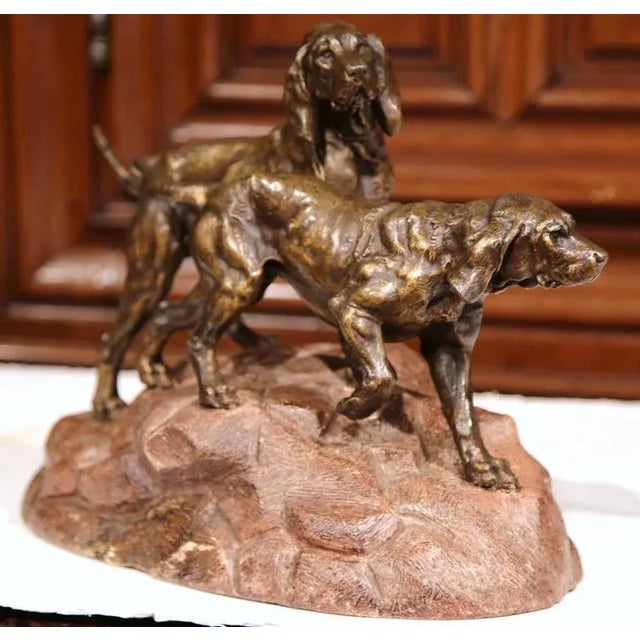 Decorate a shelf, desk, or study with this expressive antique French hunting dog composition, crafted circa 1880. The...