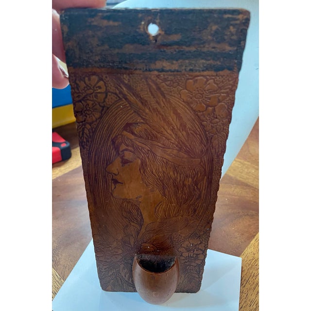 Early 20th Century Pyrography Match Holder Native American Woman Primitive Burnt Wood For Sale - Image 11 of 12