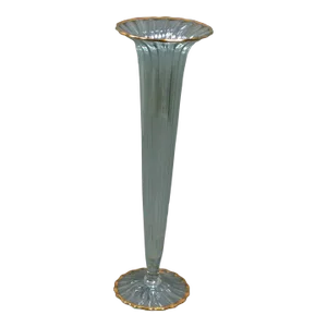 1970s Murano Cornet Vase - Green Iridescent Glass Highlighted With Gold Threads