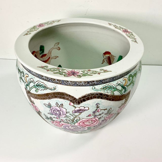 Vintage Chinoiserie Boho Chic Hollywood Regency Pink Famille Rose Koi Fish Bowl Planter. For Sale - Image 4 of 13