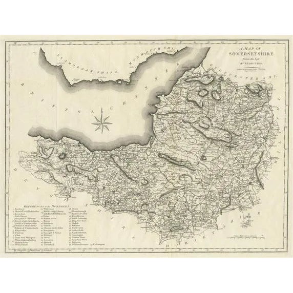 Large Antique County Map of Somersetshire, 1805 For Sale