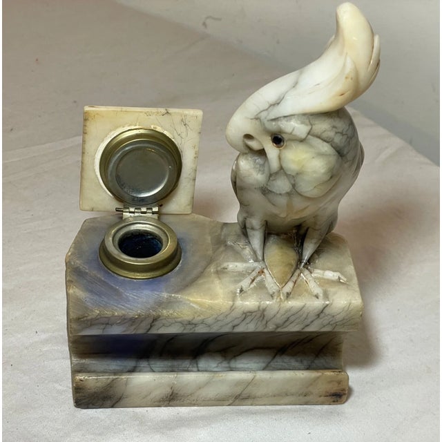 Antique Italian Carved Figural Alabaster Stone Cockatoo Bird Inkwell Sculpture For Sale - Image 16 of 16