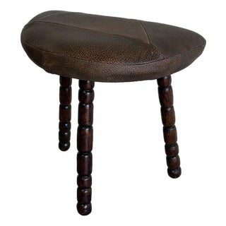 Three-Leg Brown Leather Ottoman Footstool Danish Mid-Century Modern 1970s For Sale