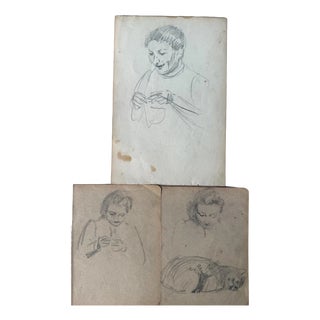 Heinrich Pforr, Collection of 6 Drawings on 4 Sheets Woman Handicrafts, 1920s, Pencil For Sale