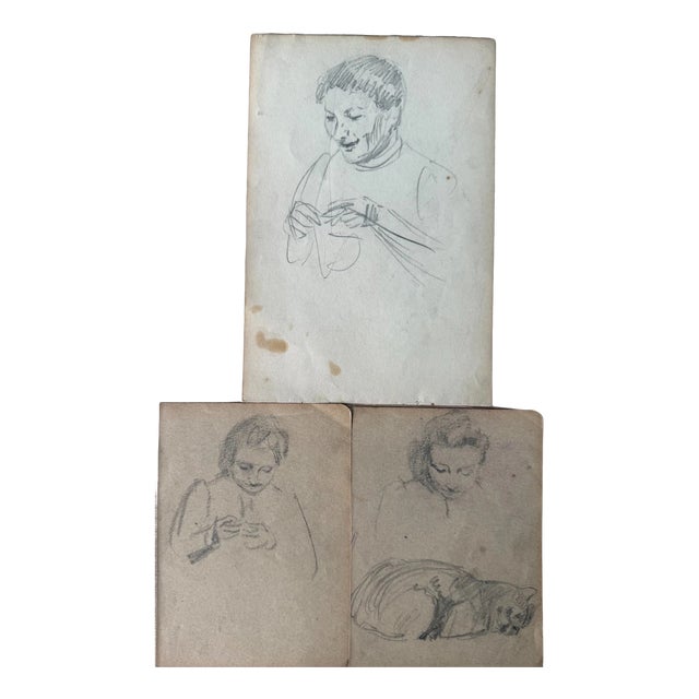 Heinrich Pforr, Collection of 6 Drawings on 4 Sheets Woman Handicrafts, 1920s, Pencil For Sale