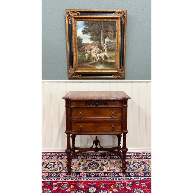 French Antique French Louis XVI Style Marble Top Chest Side End Table Walnut c.1920s-30 For Sale - Image 3 of 18
