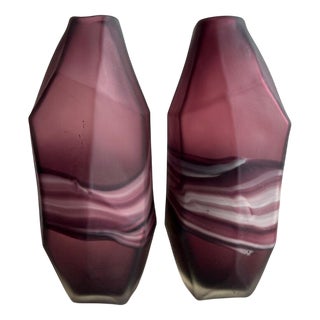 Amethyst and White Swirl Glass Vases, Set of 2 For Sale