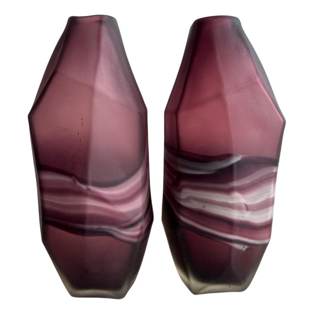 Amethyst and White Swirl Glass Vases, Set of 2 For Sale