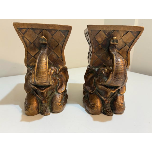 Plastic Vintage Hollywood Regency Elephant Cachepot Pair in Antiqued Gold For Sale - Image 7 of 12