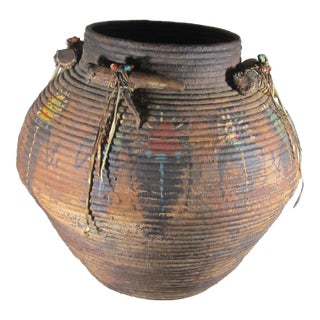 Large Robert Rivera Basket W/ Painted Dancers & Horns For Sale