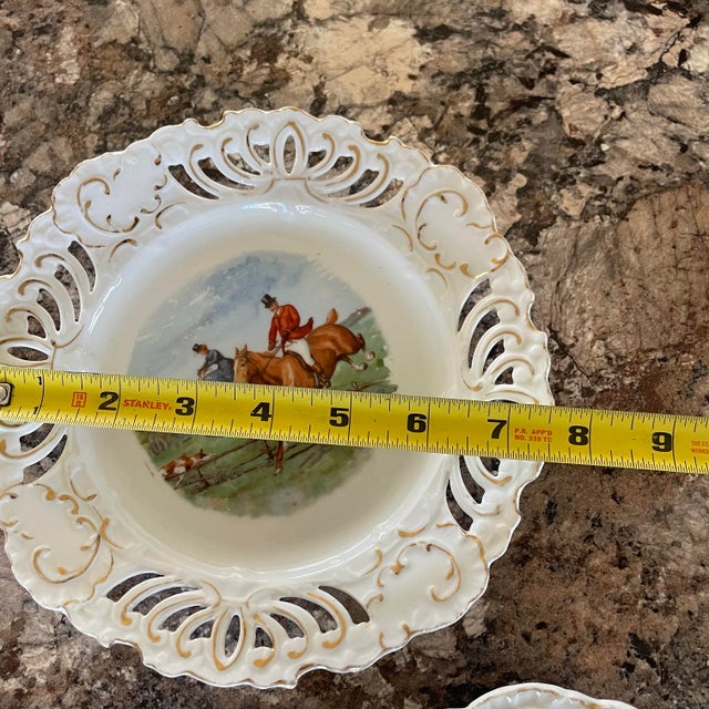 Two Vintage Reticulated Equestrian Fox Hunt Scene Porcelain Plates With Gold Accents English British Collectible Decorative Gesetzlich Geschutzt For Sale - Image 6 of 8