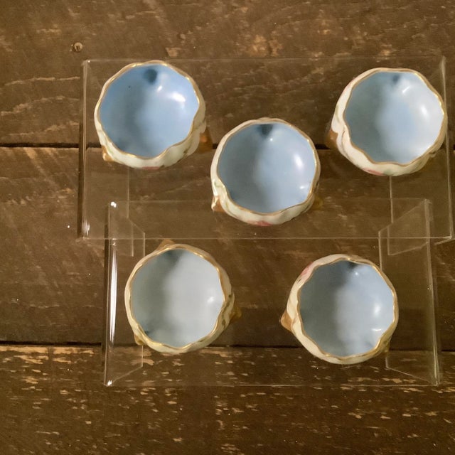 Antique Unmarked Limoges Footed Salt Cellars Tidbit Bowls Features Hand Painted Roses - Set of 5 For Sale - Image 9 of 12