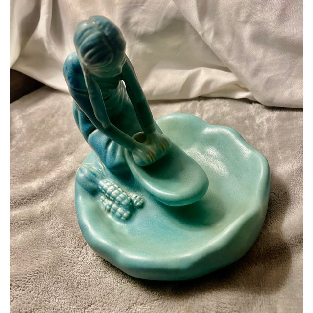Van Briggle Pottery Vintage Ming Blue Native American Indian Girl Grinding Corn Maize For Sale - Image 12 of 12