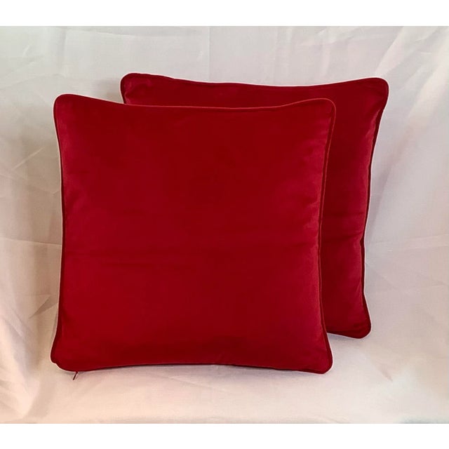 Contemporary Ruby Red Velvet Cranberry Pillows - A Pair For Sale - Image 9 of 9