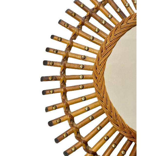 Vintage Italian Rattan Bamboo Sunburst Mirror With Brass Accents For Sale - Image 6 of 14