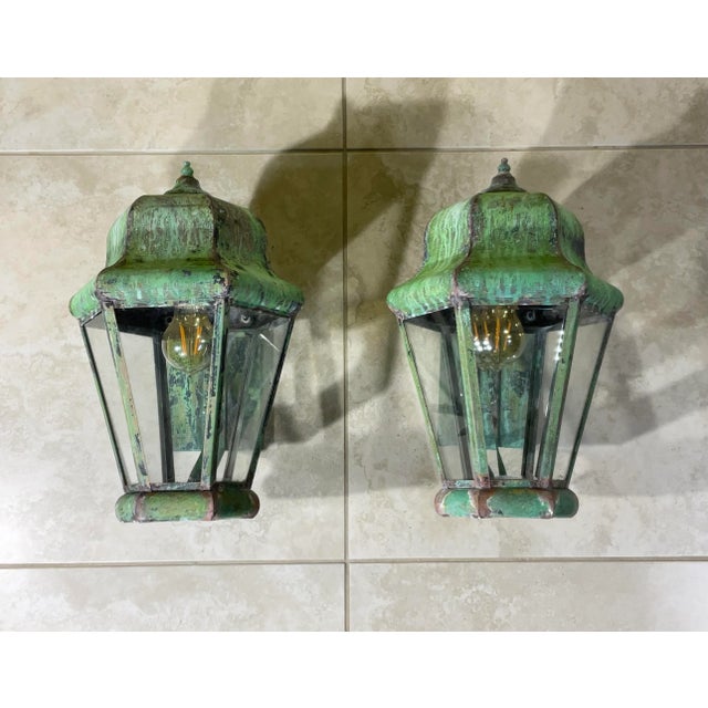 Pair of Vintage Wall Hanging Brass Lantern For Sale In Miami - Image 6 of 12