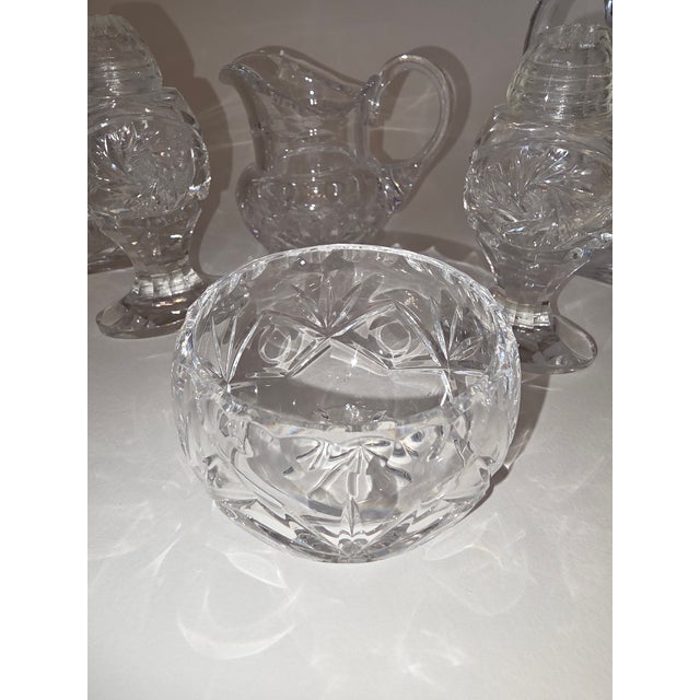 Glass 1980s Cut Crystal Salt, Pepper, Creamer, Bowl, and Cruets - 6 pcs For Sale - Image 7 of 7