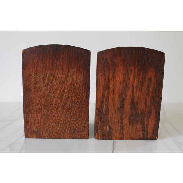 Brown Vintage Hand Tooled Arts and Crafts Oak Wood Bookends For Sale - Image 8 of 11