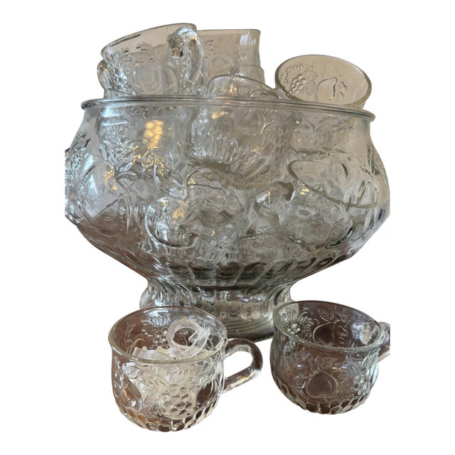 Mid 20th Century Jeanette Glass Fruit Pattern Punch Bowl Set - 34pcs For Sale