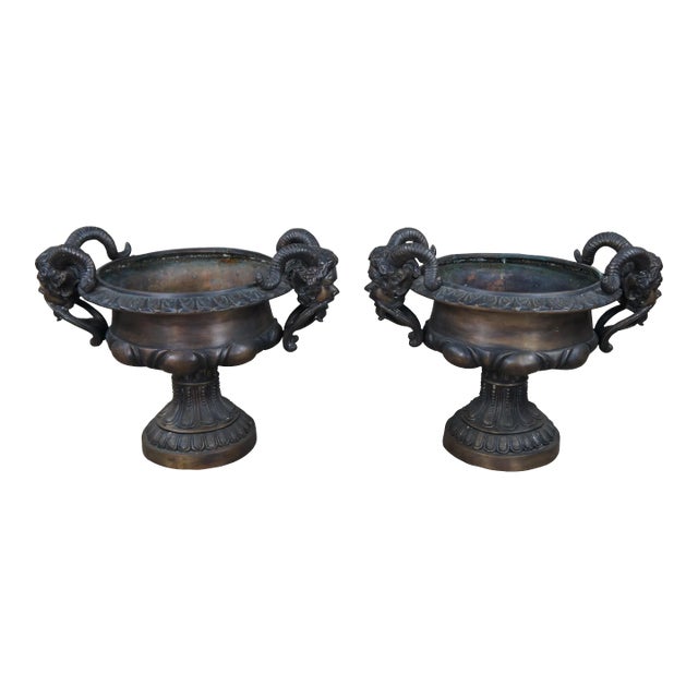 Pair of Late 19th Century Figural Bronze Bacchus Tazza Garden Urns Footed Planter Jardinières For Sale
