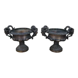 Pair of Late 19th Century Figural Bronze Bacchus Tazza Garden Urns Footed Planter Jardinières