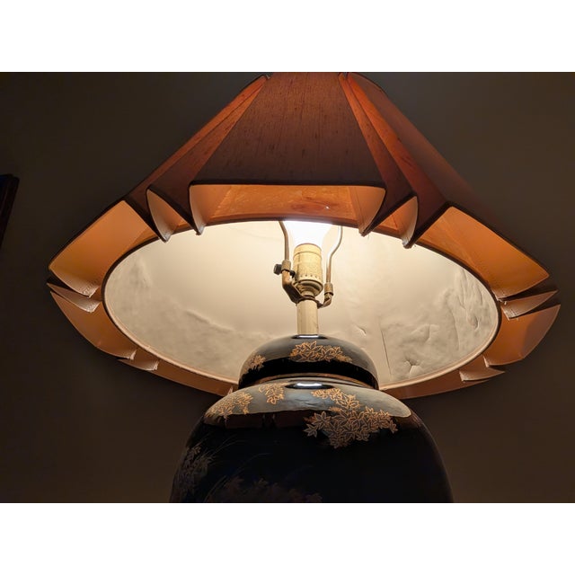 Black Vintage Chinoiserie Black Porcelain Ginger Jar Floral Table Lamp With Shade For Sale - Image 8 of 11
