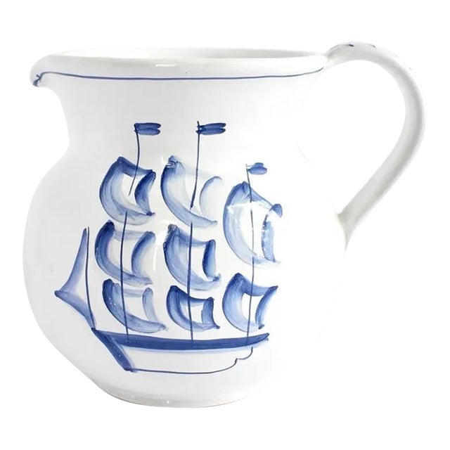Vintage Italian, Hand-Painted, Blue and White Pitcher With Sailboat For Sale