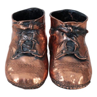 Mid-Century Copper Bronzed Baby Shoes, Vintage Nursery Decor For Sale